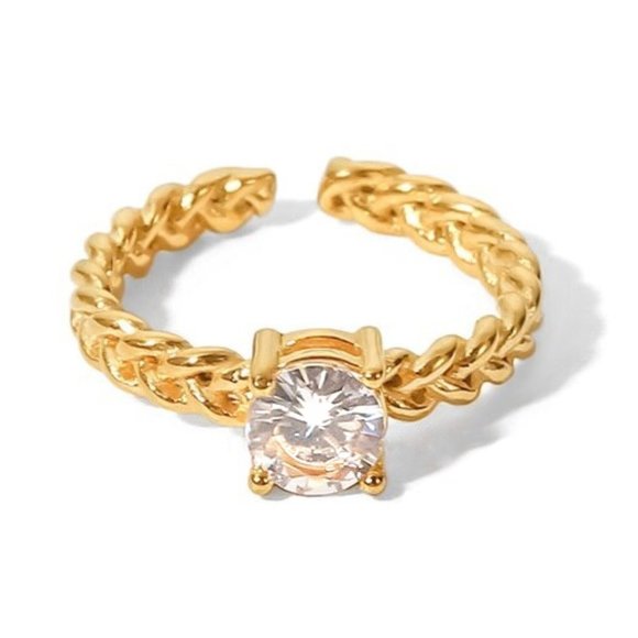Clear Cubic Zirconia Woven Chain Adjustable Ring 18K Gold Plating Steel - Picture 4 of 13